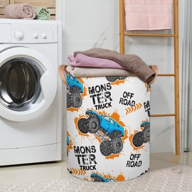 Large Laundry Hamper Basket White Monster Car Trucks Round Collapsible Storage Organizer Bin for Kids, Boys, Nursery, Closet, Bedroom, Playroom, Toys, Dirty Clothes, 16"W x 20"H