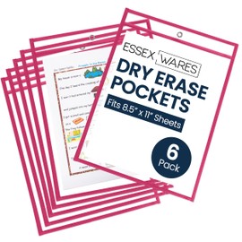 Essex Wares - 6 Pack, Magenta, Durable Water-Resistant Dry Erase Pocket Document Protectors, 10" Wide x 13.5" Tall - Dry Erase Clear Plastic Sleeves - Reusable & Easy Erase Plastic Invoice Holders