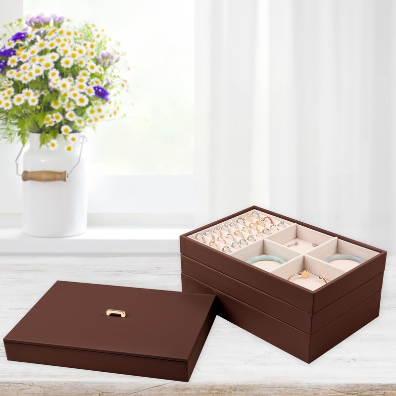Voova Stackable Jewelry Organizer Tray with Lid, PU Leather Jewelry