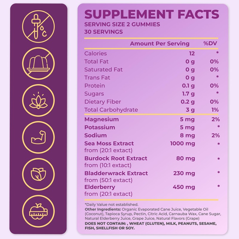 TrueSeaMoss Sea Moss Gummies with Elderberry, Burdock Root and Bladderwrack