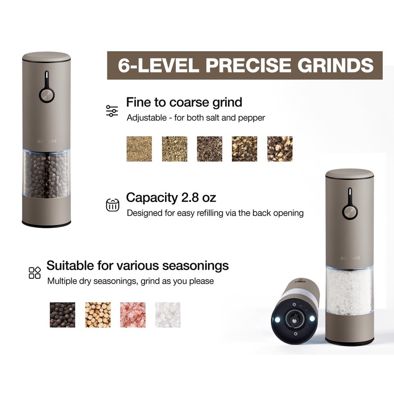 Stainless Steel Rechargeable Electric Salt and Pepper Grinder Set, USB