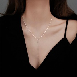 Allereya Vintage Long Chain Drop Y Necklace Long Ball Chain Necklace Boho Chian Y Lariat Necklace Silver Thin Chian Choker Necklace Jewelry for Women and Girls