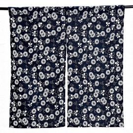 Kuai Noren Noren, Thin, Width 33.5 inches (85 cm), Length 35.4 inches (90 cm), Indigo Dyeing Style, Floral Pattern, Japanese Style, Navy Blue, Blindfold, Short, Kitchen, Living Room, Interior, Heat