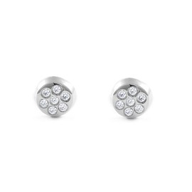 Mondepetit Round Zircon Children's Baby Girl Earrings White Gold 18 K - Gift Box, White Gold, Cubic Zirconia