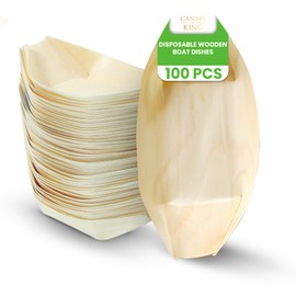 Disposable Wooden Boat Dishes 100 pcs - Pinewood Snack Sushi Serving Bowls Food Take Out Trays - Suitable for Parties Weddings Christmas Catering Restaurant (M (14 x 7.7cm))