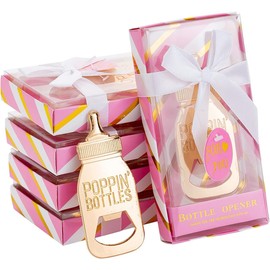 Pack of 24 Bottle Openers Baby Shower Favors, Gifts, Decorations, or Souvenir for Guest With Gift Boxes, Poppin Bottle Design for Baby Boys or Girls (Pink)