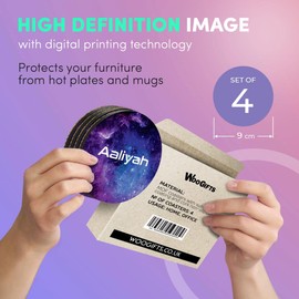 4 x Boxed Round Coasters - Name Aaliyah Space Universe Galaxy Stars Letter Lettering Initial Cork Backed MDF Glossy Tea Coffee Accessory #262611