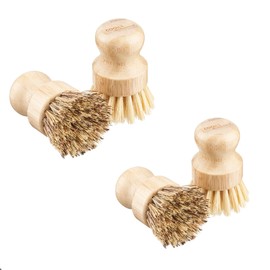 Cooks Professional Set of 4 Bamboo Pot Brushes | Eco Friendly Plastic Free Washing Up Brush | 2 of Each Soft & Hard Sisal Bristles | Kitchen Bathroom Home Scrubbing Brush Cleaning Tools