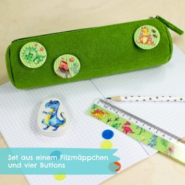 Pencil Case with 4 Buttons for Boys and Girls, Felt Pencil Case in Blue, Ideal as a Gift for School Enrolment, School Pencil Case Set, Dinosaurs, cartoonish