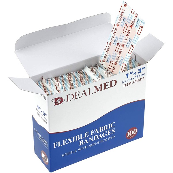 Dealmed Sterile Flexible Fabric Adhesive Bandages – 1x3 Inch – 100/Box - Breathable First Aid Strip Pack - Soft Stretch Wound Patch for Medical, Emergency Kits & Clinic