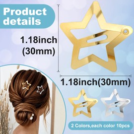 PAGOW 20 Pcs Gold Silver Star Hair Clips, Non-Slip Snap Hair Clip, Metal Star Hair Accessories, Cute Hair Barrettes for Women (1.18"/3 Cm)