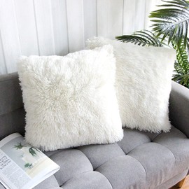 ROZTYLJ Faux Fur Cushion Covers for Livingroom Sofa Bedroom Soft Decorative Square Cute Fluffy Throw Pillow Case 16 x 16 Inch 40x40cm White Pack of 2