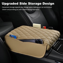 Car Center Console Cover, Leather Memory Foam Car Armrest Cover Cushion with 2 Storage Bags, Universal Waterproof Armrest Seat Box Pad, Comfortable Car Interior Accessories for Most Vehicles (Beige-A)