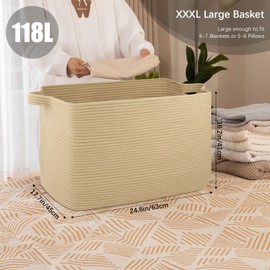OIASKET 118 Extra Large Blanket Basket, 24.8"x17.7"x16.2" Woven Rope Baskets for Organizing, Nursery Blanket Storage for Living Room, Toy Basket with Handle Storage Comforter Cushions Pillows, Grey
