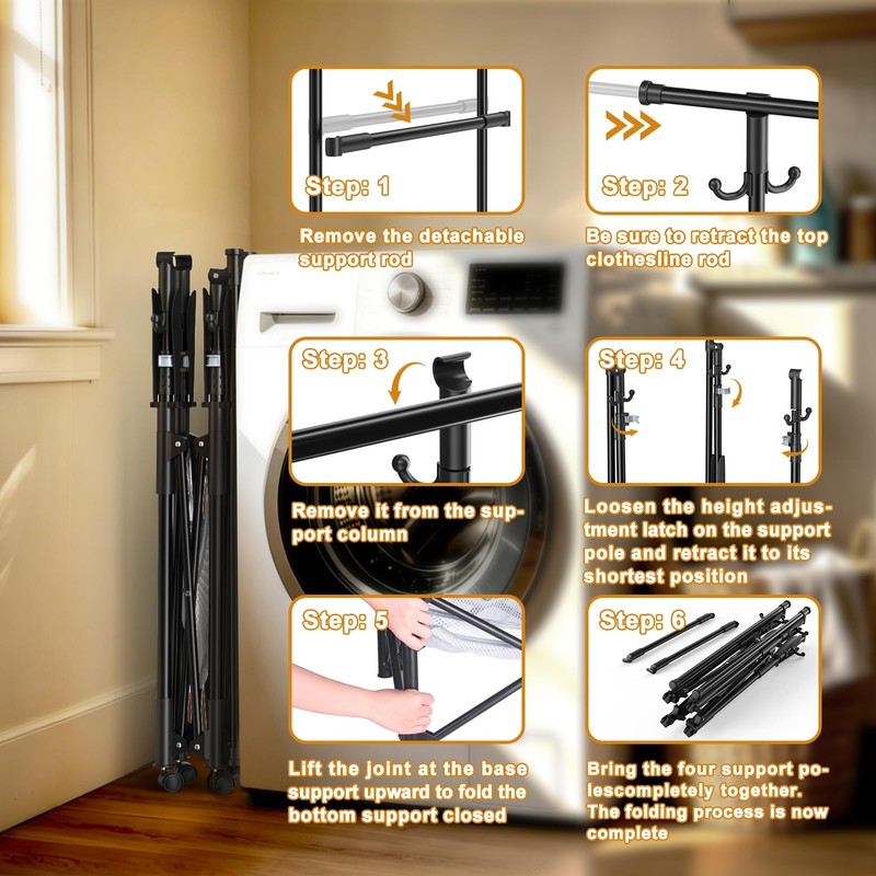 Portable Foldable Clothes Drying Rack - Adjustable Double Extendable Rods