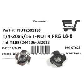 T-NUT Stainless Steel 1/4-20x5/16 4 Prong Tee Nuts (1/4-20 Thread 5/16 Barrel Length) 18-8 Stainless - (25) Pieces