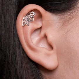 Boho Helix Earrings For Women, Gothic Punk Geometric Mandala Lotus Flower Hidden Cartilage Helix Piercing Unique Studs Statement Jewelry Gift (Lotus Silver)