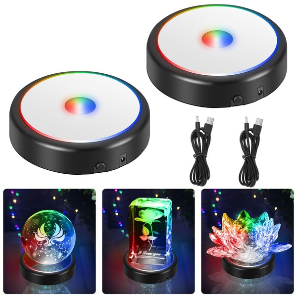 EEEKit 2 Pack LED Light Display Base, 6 Color LED Crystal Ball Base Non-Slip Round Light Display Stand, Multicolor Flat LED Light Base for 3D Crystal Glass Art Holiday Party Decoration, Black