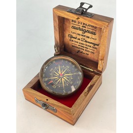 Antique Brass Compass Gift, Pocket Sundial Compass with Engraved Quote Be Strong and Courageous Perfect Compass Gifts for Men, Vintage Nautical Compass (Pocket Compass Without Chain)