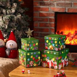 Cinnvoice 4 Pcs Christmas Nesting Gift Boxes with Christmas Star Tree Topper Hard Xmas Stackable with Lids Nested Present Boxes for New Year Birthday Party Gift Decor Supplies
