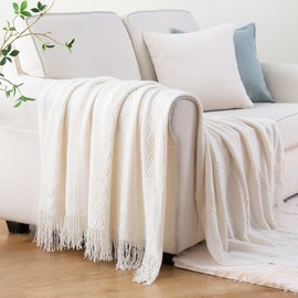 BATTILO HOME Cream Throw Blanket for Sofa Couch Office Living Room Home Decor Lightweight Textured Soft Cozy Knit Throw with Tassels Suitable All Seasons 50"x60"