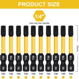 DAKCOS T30 Torx Bit, Impact Driver Bits, 1/4" Screwdriver Bit Sets, 10PCS Premium S2 Alloy Steel Bits, 50mm Long