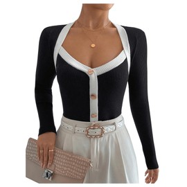 Milumia Women's Contrast Trim Sweetheart Neck Long Sleeve Rib Knit Elegant Sweater Top Black Small