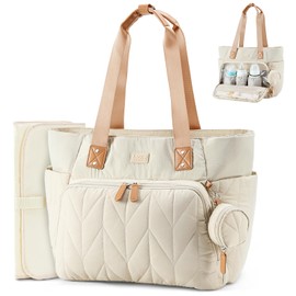Lekesky Diaper Bag Tote - Lightweight Puffy Baby Diaper Bags for Mom with Pacifier Case Changing Pad, Large Tote Travel Hospital Bag for Labor Delivery (Beige)