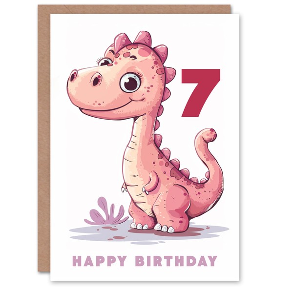 Artery8 7th Birthday Card Cute Pink Baby Dinosaur Cartoon Kids