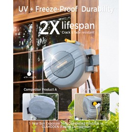GLAHODEN Retractable Garden Hose Reel 1/2 in x 115 ft, 2025 Upgraded Dual Ratchet Lock UV & Freeze Protection Brass Seal Slow Retraction Anti-Tangle Hose 180°Swivel Reinforced Scaffold Wall Mount