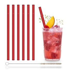 HALM Colourful Glass Straws Pack of 6 20 cm Neon Colours for Children or Party + Plastic-Free Cleaning Brush - Dishwasher Safe & Sustainable - Glass Drinking Straws (04 Red)