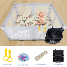 Foldable Baby Playpen, Extra Large Playard, 59inx59in Fence, Installation-Free Baby Safe Play Yard with Climbing Mat, Ocean Ball, Hoop, Storage Bag