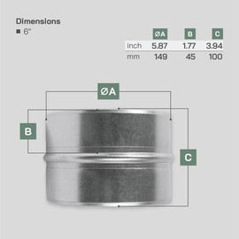 Vent Systems 6'' Inch Galvanized Steel Duct Connector - Round Ventilation Duct Extension - Metal Vent Coupler - Metal Hose Coupling - Galvanised Pipe Connector