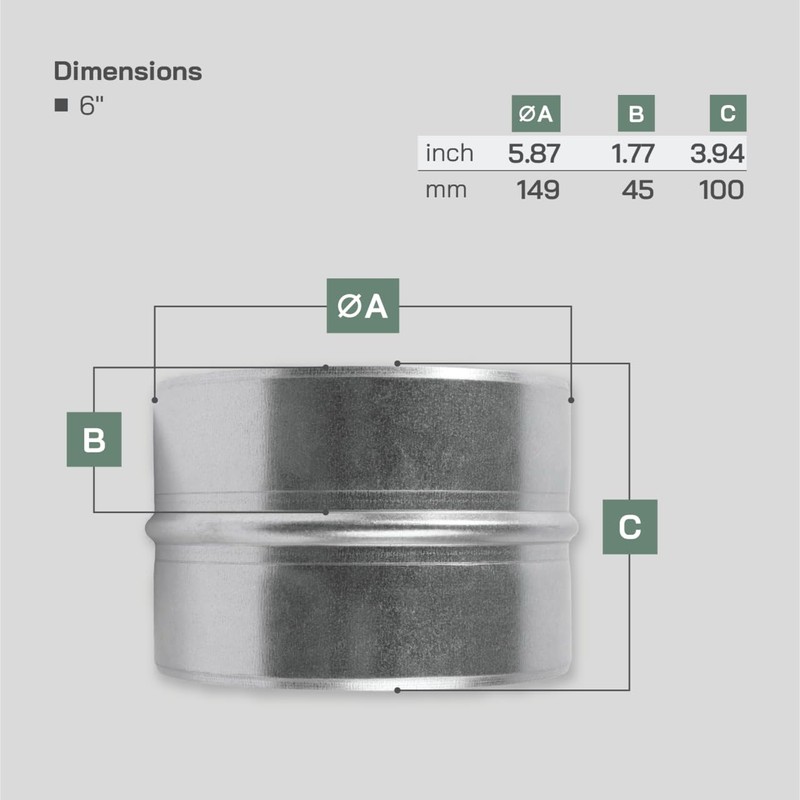 Vent Systems 6'' Inch Galvanized Steel Duct Connector - Round