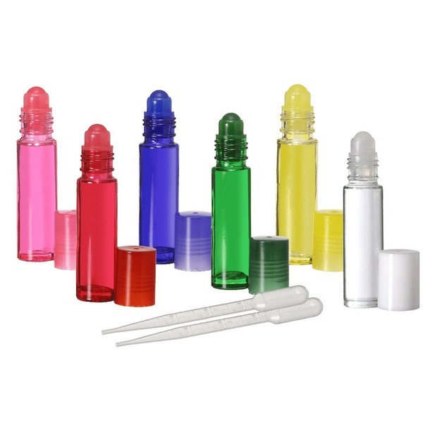 6 Aromatherapy Glass Roll On Bottles 10ml, Rainbow Assorted Colors by Grand Parfums -Set of 6 Colored Rollon Perfume Bottles - .33 Oz