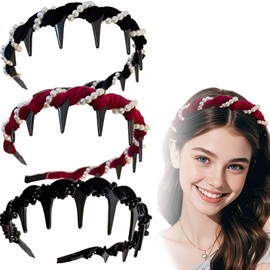 3-Piece Vintage High Cranium Artificial Pearl Hairband with Teeth Hoop - Non-Slip, Decorative Claw Headband for Women, Bridal & Fun Hair Accessories