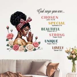 Yovkky Black Girl Inspirational Quote Wall Decals Stickers, African American God Says You are Home Girls Women Bedroom Decor, Positive Rose Flower Living Room Kitchen Decorations Art