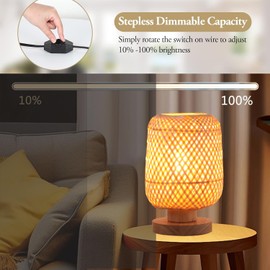 Boho Table Lamp Dimmable Small Rattan Nightstand Lamps for End Table Side, Vintage Wicker Wooden Bamboo Woven Desk Bedside Lamps for Bedroom Living Room Kids Room, 2700K T45 LED Bulb Included