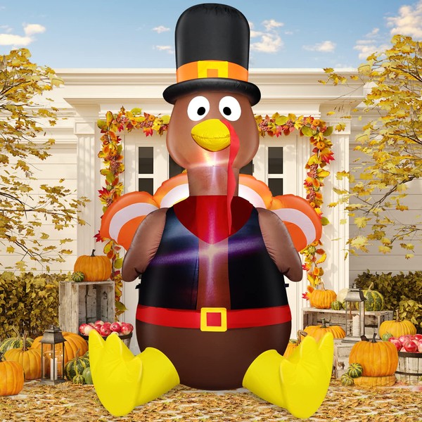 TURNMEON 6 Foot High Thanksgiving Inflatables Turkey Outdoor Decorations Blow Up Turkey Inflatable Build-in LED Lights Thanksgiving Decoration for Yard Lawn Garden Holiday Party Decor Home