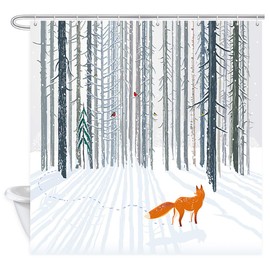 KOTOM Winter Forest Shower Curtain for Bathroom, Snow Covered Pine Trees Winter Season Animal Red Fox and Cardinals Idyllic Seasonal Scenery Fabric Shower Curtain, White Gray 69 Wx70 L Inches