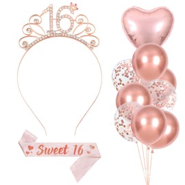 Sweet 16 Birthday Decorations Set, Rhinestone Tiara and Glitter Sash with Balloons, Sweet Sixteen Party Supplies for Girls, 16th Birthday Gifts, Photo Props for Sweet 16 Celebration