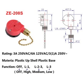 Zing Ear ZE-208s Pull Chain Switch,3 Speed Control Switch Compatible with Hunter Ceiling Fans, Lamps and Wall Lights (Brass Pull Chain)