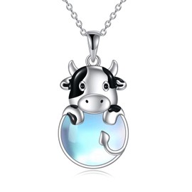 YAFEINI Cow Necklace 925 Sterling Silver Cow Moonstone Pendant Necklace Cute Cow Jewellery Gifts for Women Girls(Cow Necklace)