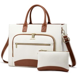 LOVEVOOK Laptop Bag for Women 15.6 inch Canvas Laptop Tote Bag， Large Professional Teacher Purse Lightweight Computer Bag Briefcase Business Office, White Brown