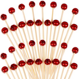 100 Pieces Bamboo Cocktail Picks 4.7 Inch Fruit Toothpicks Sports Ball End Cocktail Skewers Wooden Decorative Cocktail Picks for Appertizes, Fruit, Food, Sport Party Favors (Basketball)