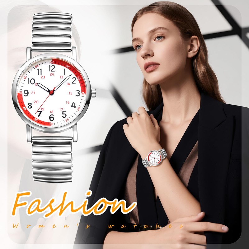 腕時計 レディース 弾性ベルト フリーサイズ 防水: クオーツウォッチ 24時間 ステンレス アナログ表示 見やすい文字盤