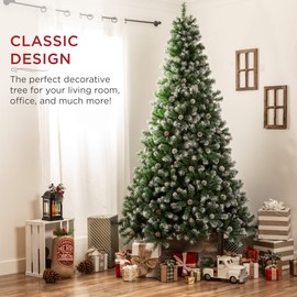 Best Choice Products 6ft Pre-Decorated Holiday Christmas Tree for Home, Office, Party Decoration w/ 1,000 PVC Branch Tips, Partially Flocked Design, Pine Cones, Metal Hinges & Base - Green/White