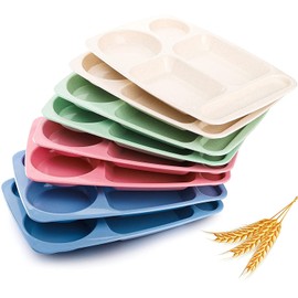 WUWEOT 8 Pack Divided Food Plates, 13.5" Wheat Straw Tray, 5-Compartment Unbreakable Fast Food Tray, Microwave Dishwasher Safe, BPA Free, Lightweight