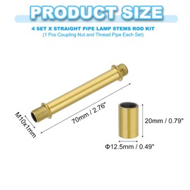 PATIKIL Straight Pipe Lamp Stems Rod Kit, 4 Set M10 Carbon Steel 70mm(2.76") Long Double End Thread Rod with Coupling Nuts Sleeve Connector for Table Lamps Chandeliers, Gold Tone