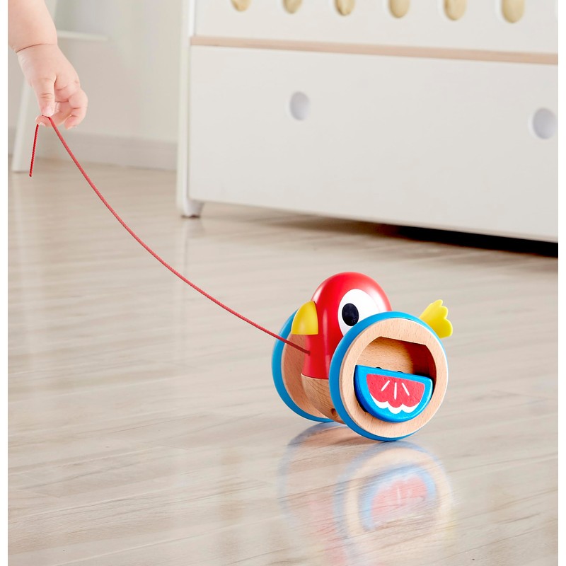 Hape - Uccellino Trainabile Spingi&Tira - Pappagallino in legno con